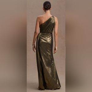 MacDuggal Gathered One Shoulder Faux Wrap Gown, shimmering bronze, size 6